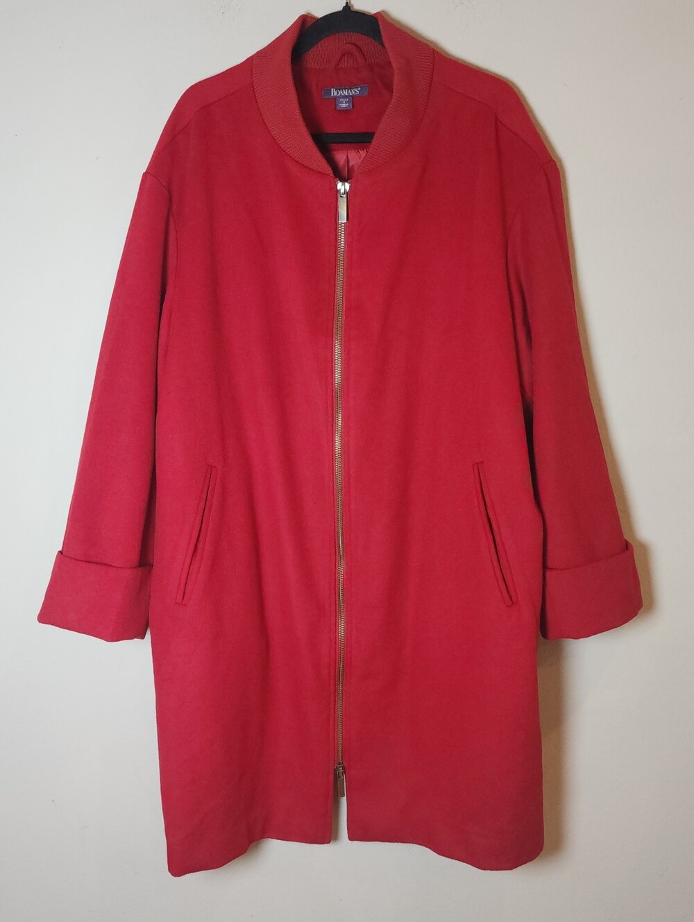 Size 22/24 Wool Blend Red Driving Coat Full Zip Long Line Women's 3X Roaman's